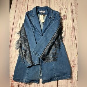 Denim Fringe Longline Jacket - Blue